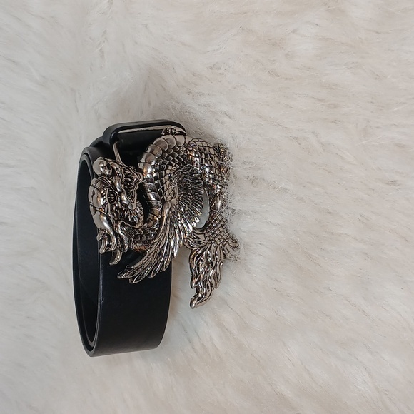 Nick & Nora Elegant Black Leather Belt with Silver Dragon Buckle Unisex Sz S - Picture 3 of 6